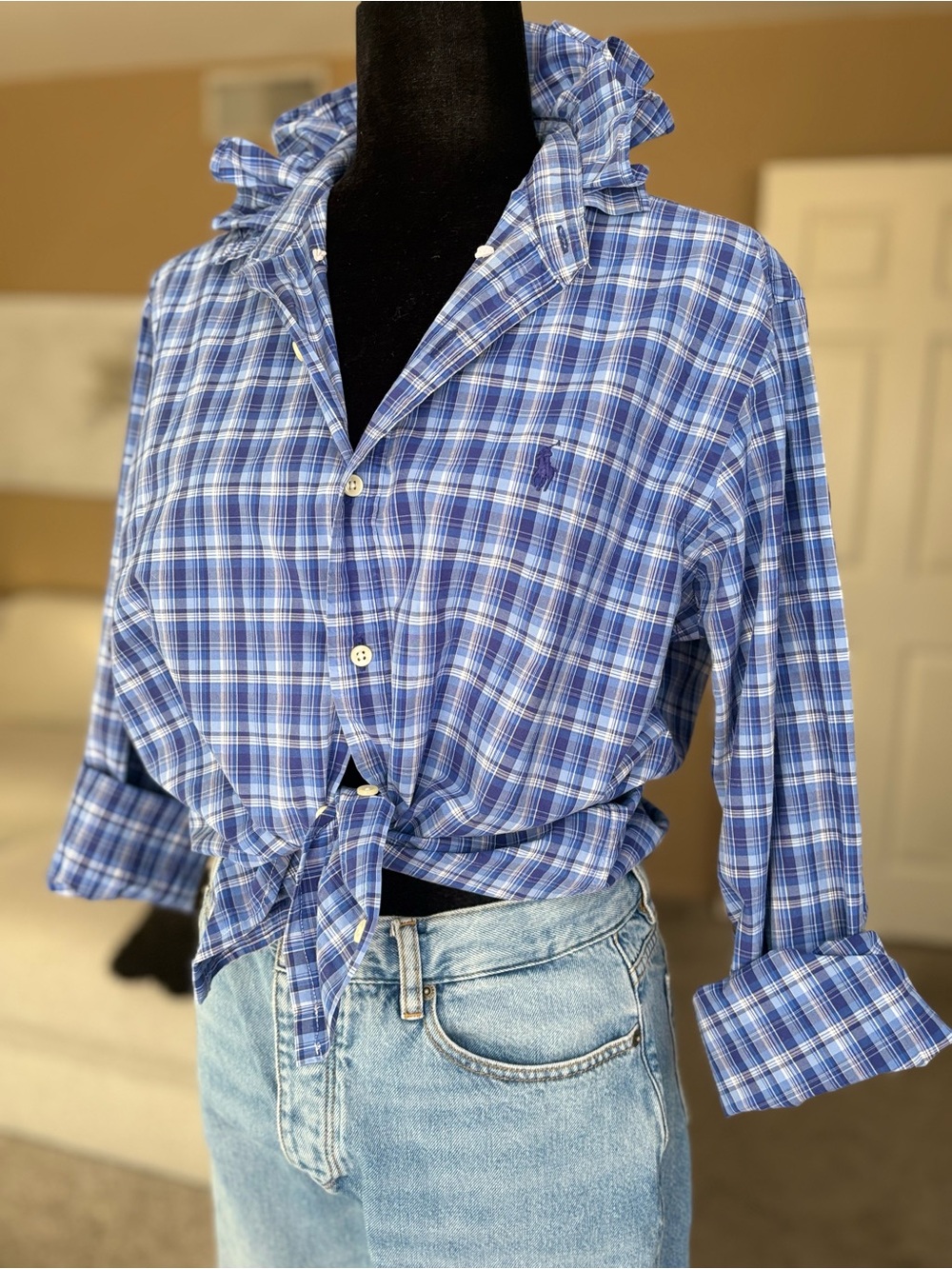 Ralph Lauren Blue Plaid Ruffle-Collar Button-Front Tie Shirt